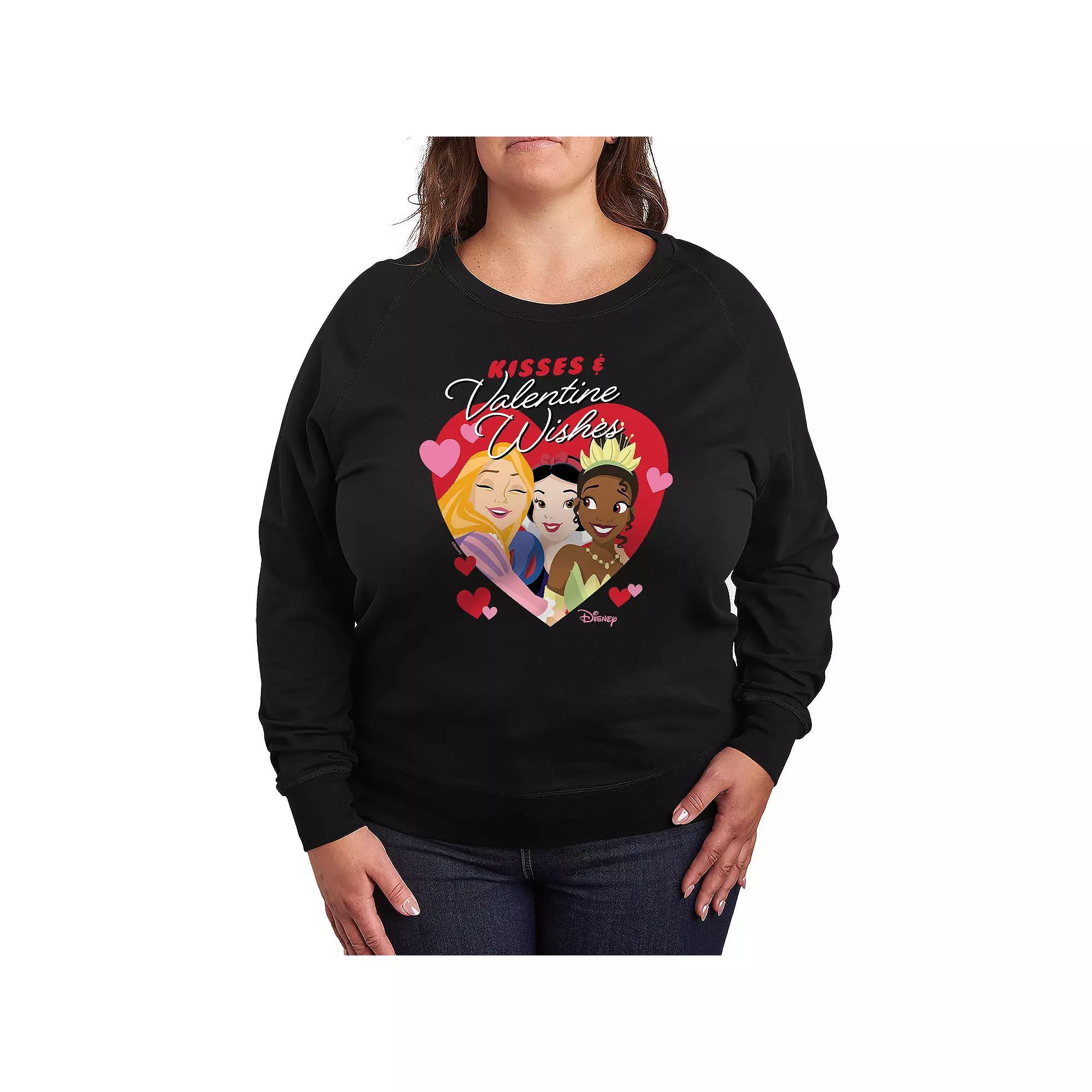 Disney Princess Snow White, Tiana & Rapunzel Plus Size Kisses & Valentine Wishes French Terry Long Sleeve Tee, Womens Product Image