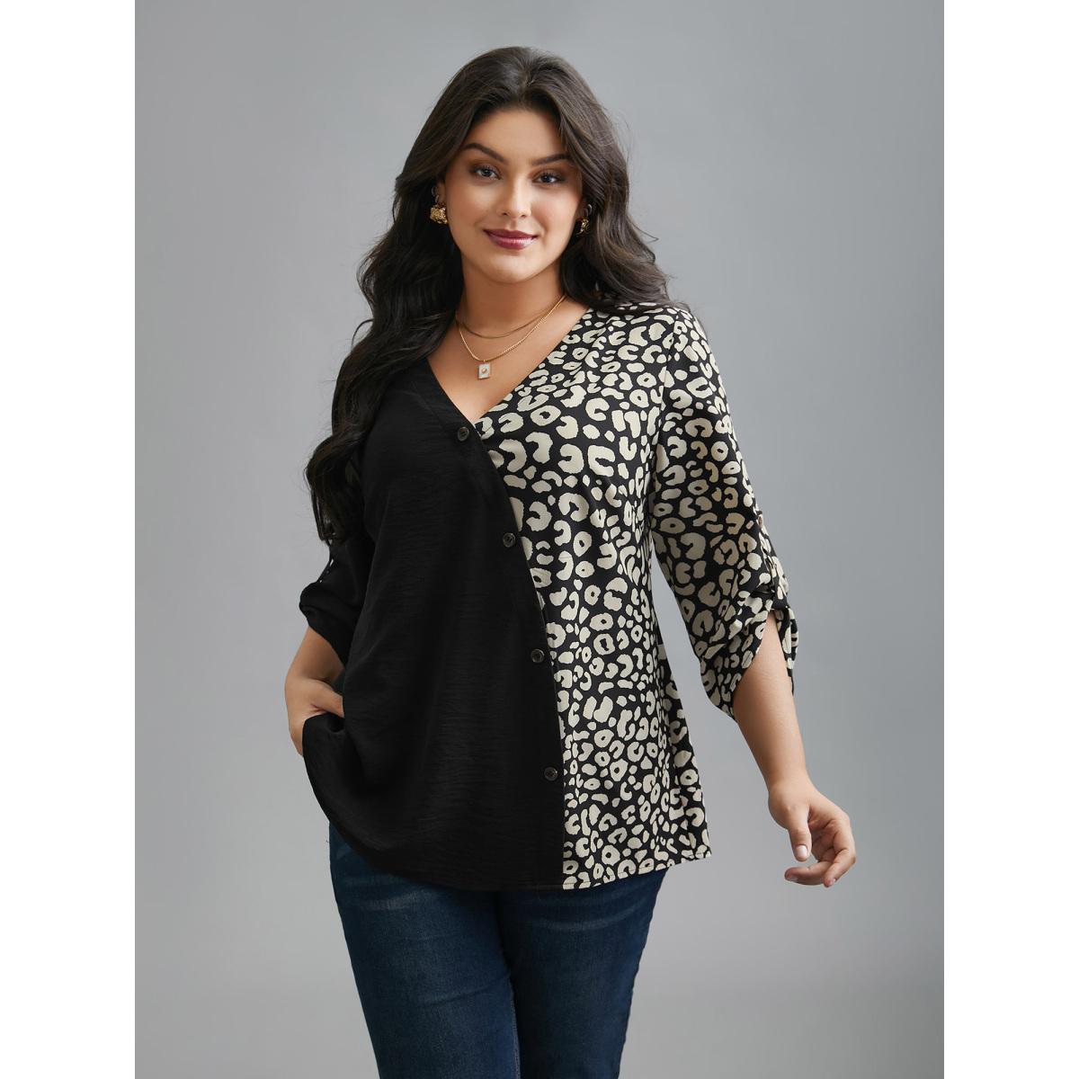 Plus Size Black Leopard Print Spliced Tab Sleeve Blouse Women Elegant Extra Long Sleeve V-neck Everyday Blouses BloomChic 28/5X Product Image