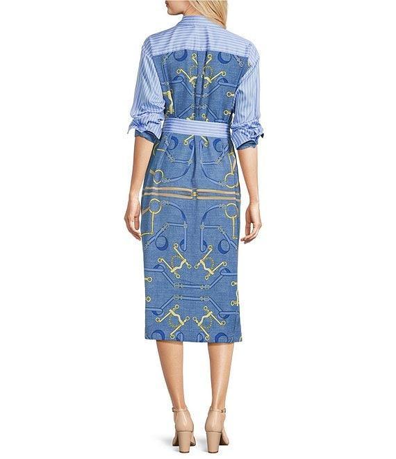 J.McLaughlin Aida Printed Catalina Cloth Split V-Neck 3/4 Sleeve Belted Midi Dress Product Image