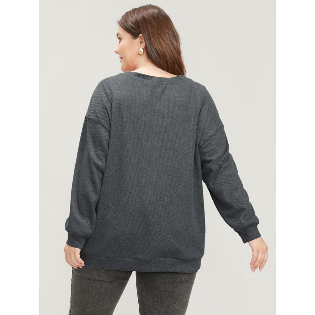 Plus Size Solid Button Detail Round Neck Waffle Knit Sweatshirt Women DimGray Elegant Button Round Neck Dailywear Sweatshirts BloomChic 12/L Product Image