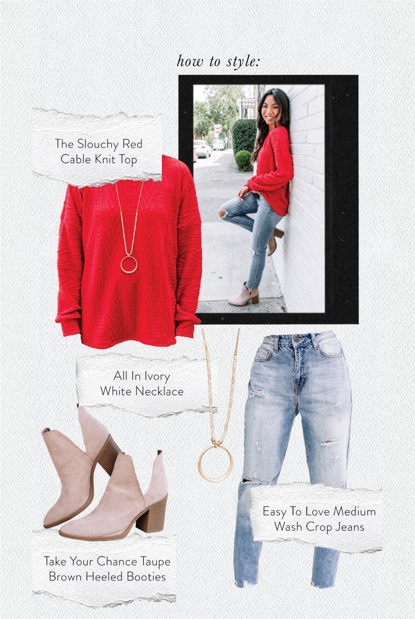 The Slouchy Red Cable Knit Top Female Product Image