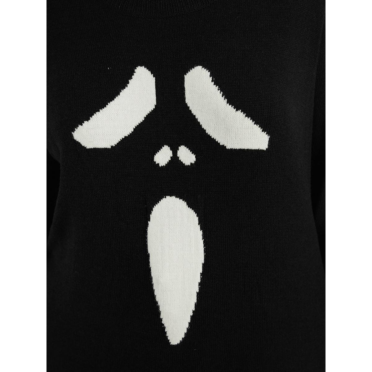 Plus Size Supersoft Essentials Halloween Ghost Face Print Pullover Black Women Casual Loose Long Sleeve Round Neck Festival-Halloween Pullovers BloomChic 10/M Product Image