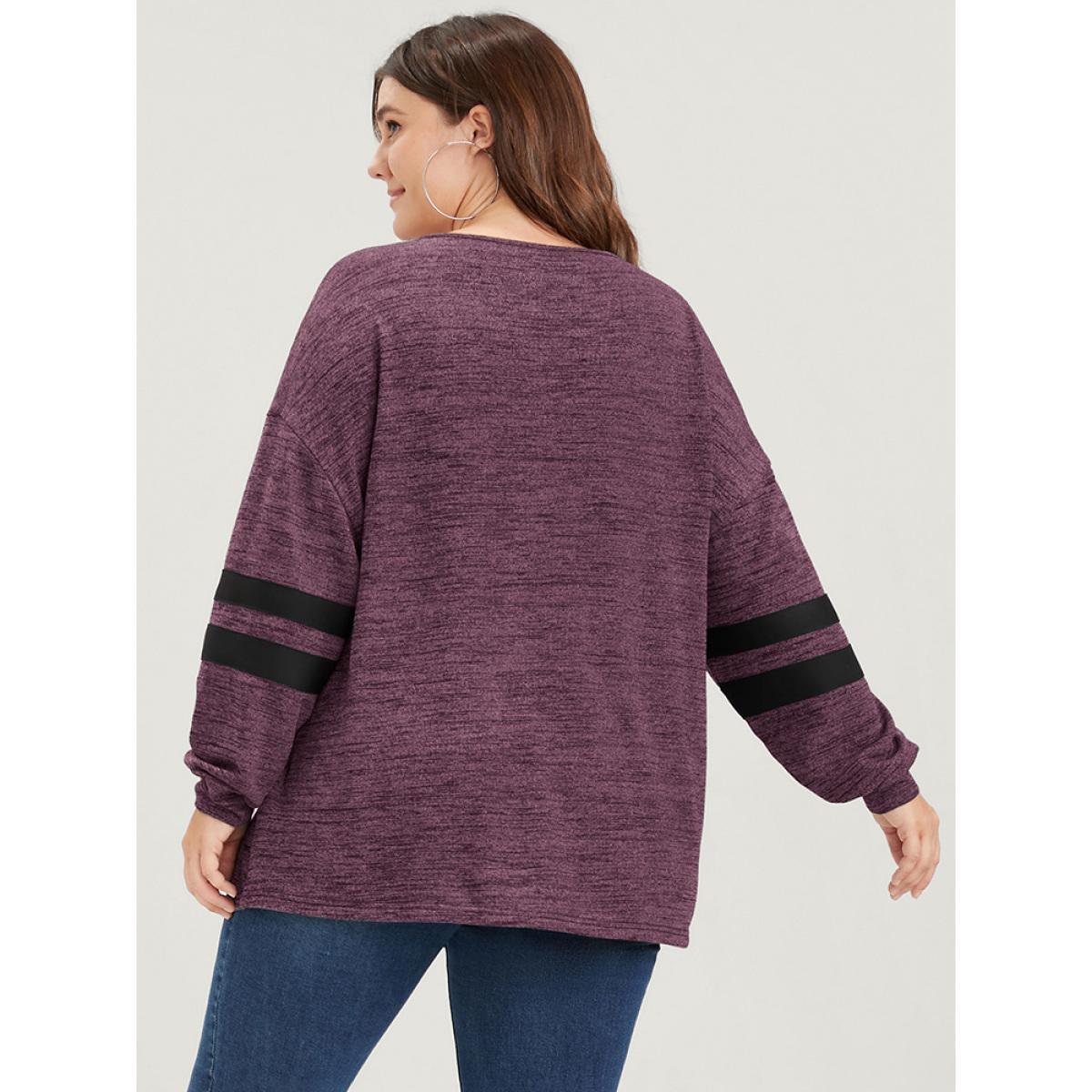 Plus Size Plain Contrast Button Up Round Neck Sweatshirt Women Burgundy Casual Contrast Round Neck Dailywear Sweatshirts BloomChic 10/M Product Image