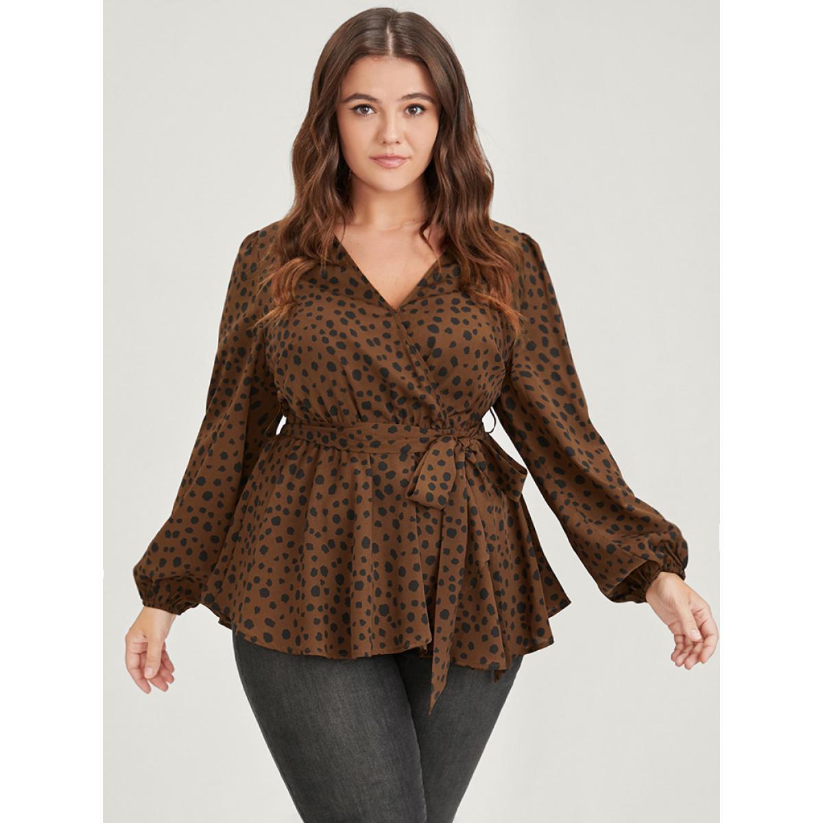 Plus Size Brown Polka Dot Lantern Sleeve Belted Wrap Blouse Women Elegant Long Sleeve V-neck Dailywear Blouses BloomChic 22-24/3X Product Image
