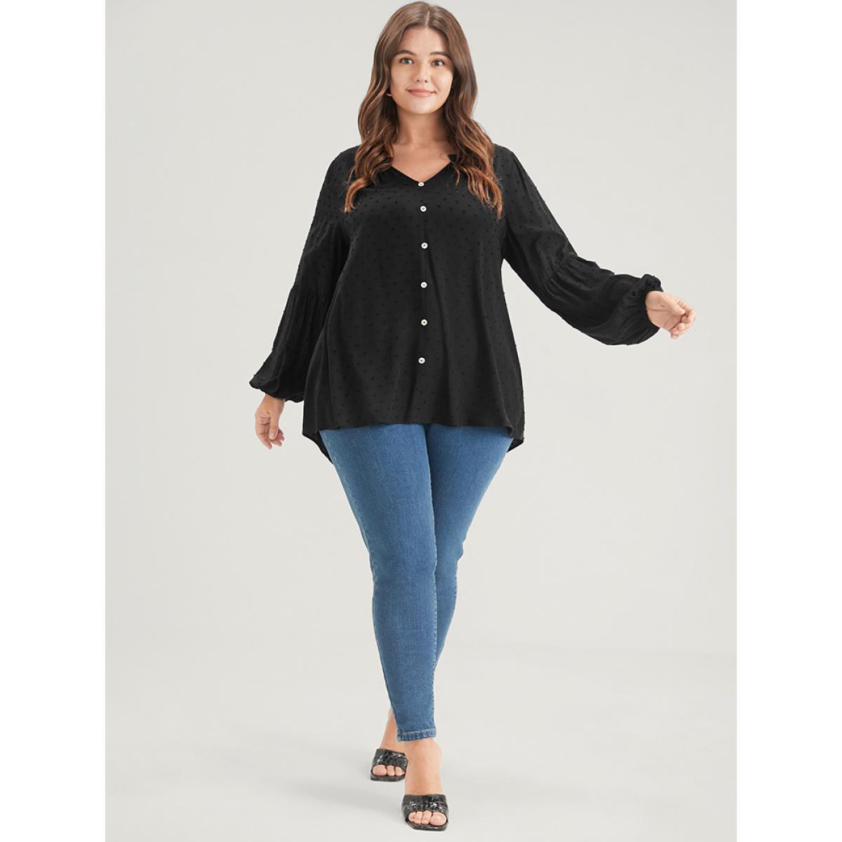 Plus Size Black Solid Button Lantern Sleeve Polka Dot Blouse Women Basics Cap Sleeve V-neck Work Blouses BloomChic 28/5X Product Image