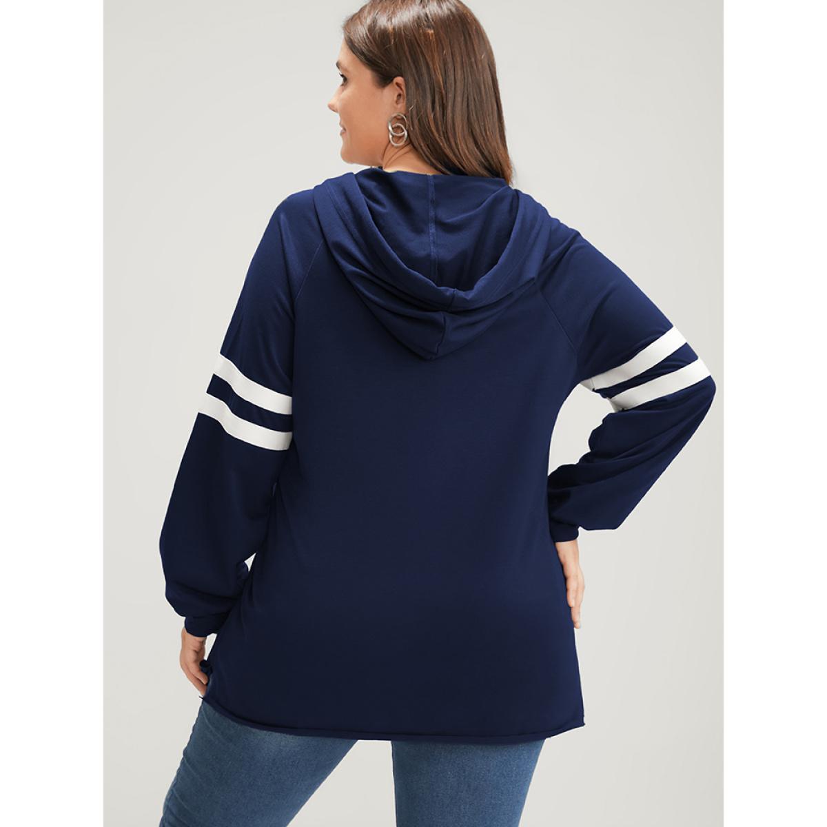 Plus Size Solid Contrast Pocket Drawstring Hooded Sweatshirt Women DarkBlue Casual Contrast Hooded Dailywear Sweatshirts BloomChic 22-24/3X Product Image