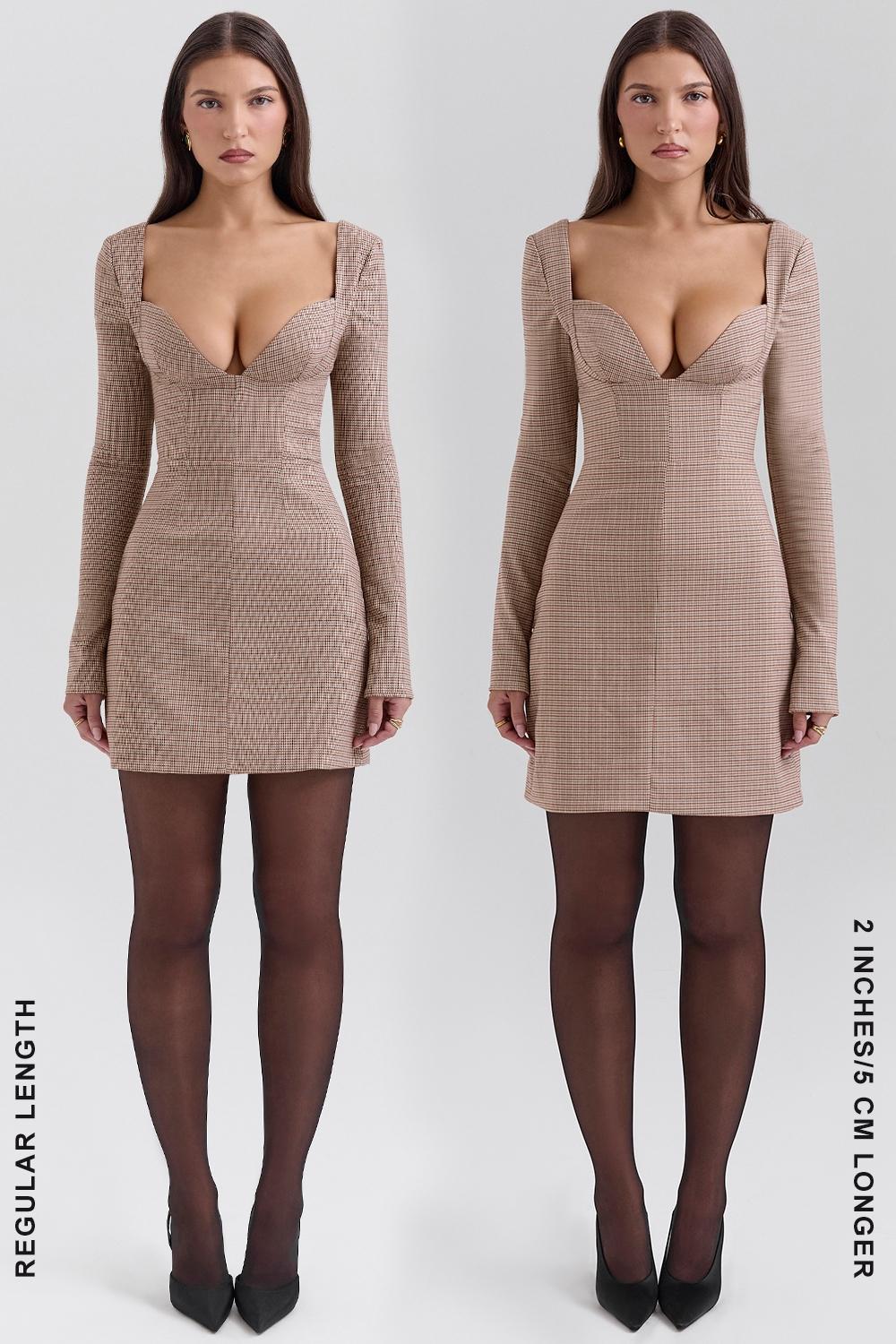 Angelie  brown puppytooth check plunge mini dress - sale Product Image