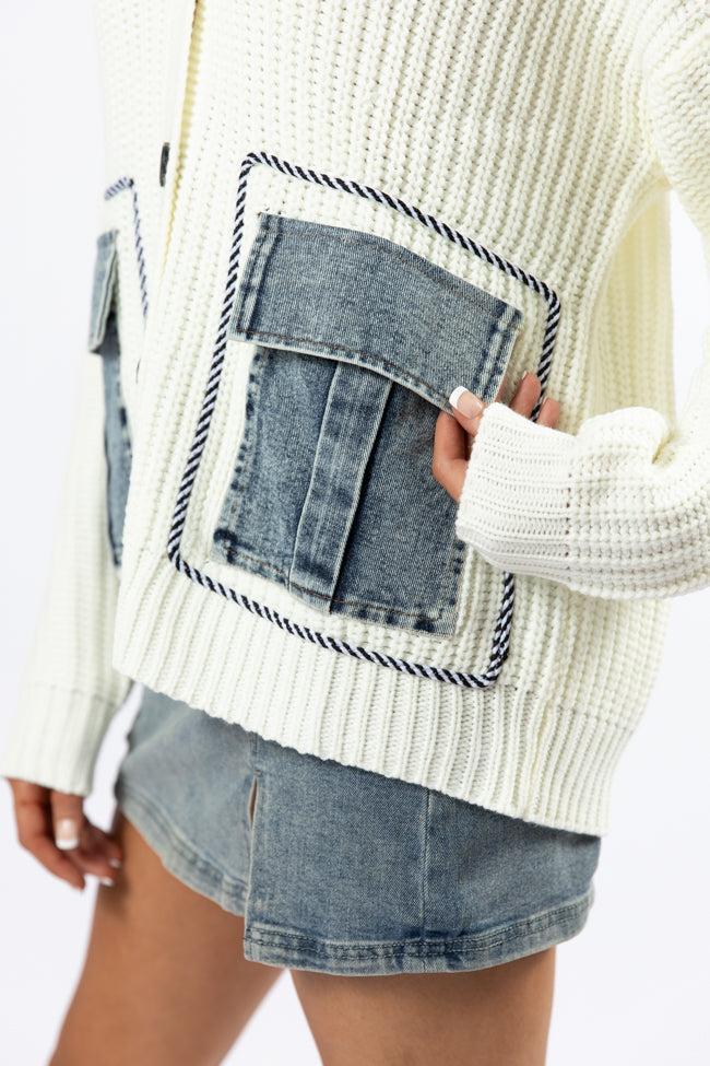 Living For Today Ivory Denim Pocket Cardigan FINAL SALE Product Image
