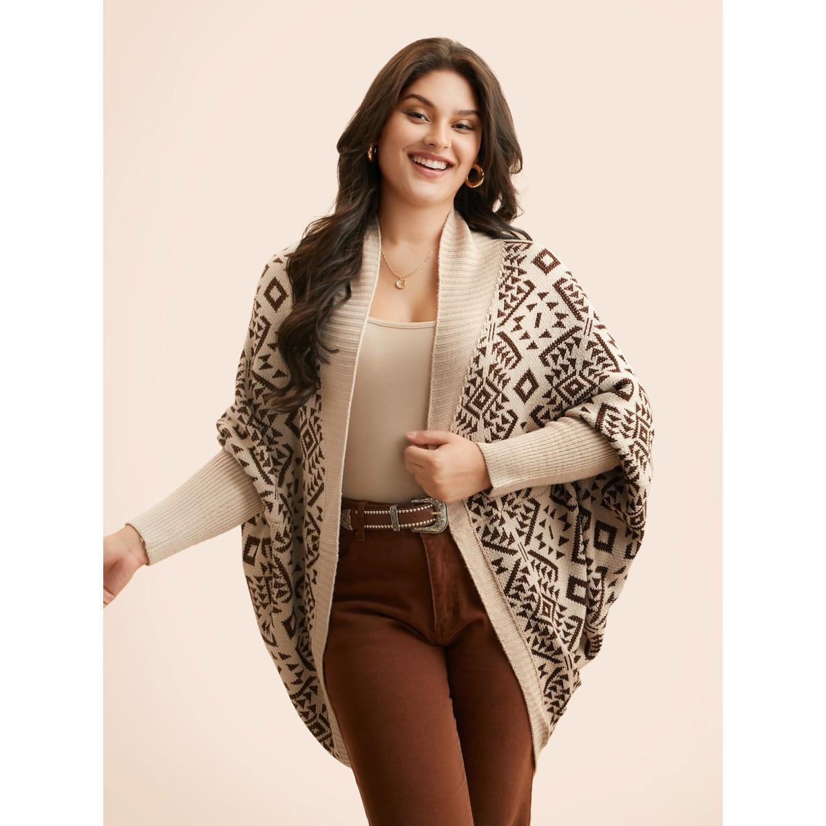 Plus Size Bandana Geometric Dolman Sleeve Cardigan DarkBrown Women Casual Loose Long Sleeve Everyday Cardigans BloomChic 26/4X Product Image