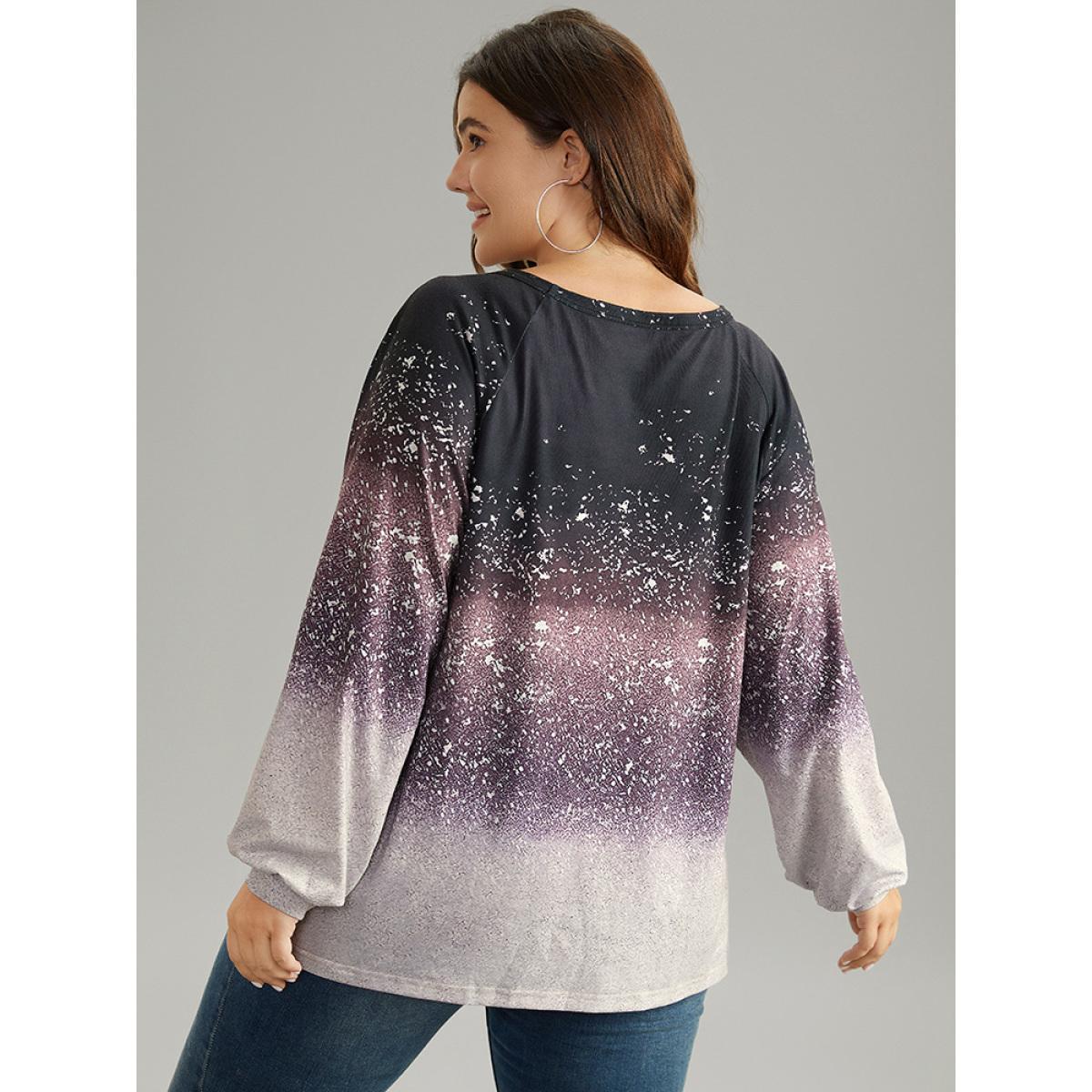 Plus Size Ombre Raglan Sleeve Contrast T-shirt Multicolor Women Casual Elastic cuffs Colorblock Round Neck Everyday T-shirts BloomChic 12/L Product Image