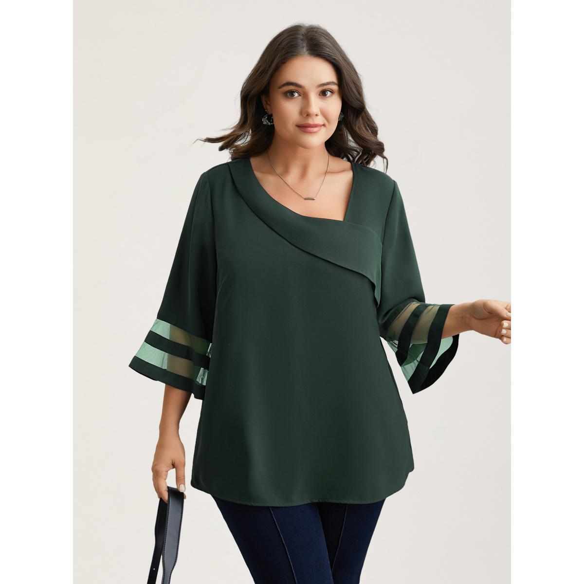 Plus Size DarkGreen Sheer Sleeve Patchwork Asymmetrical Neckline Blouse Women At the Office Elbow-length sleeve Asymmetrical Neck Work Blouses BloomChic 10/M Product Image