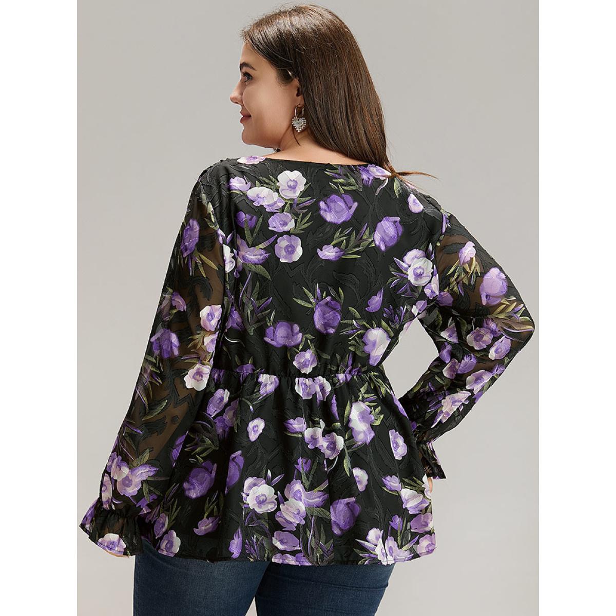 Plus Size Black Chiffon Floral Mesh Wrap Ruffle Hem Blouse Women Glamour Long Sleeve V-neck Going out Blouses BloomChic 10/M Product Image