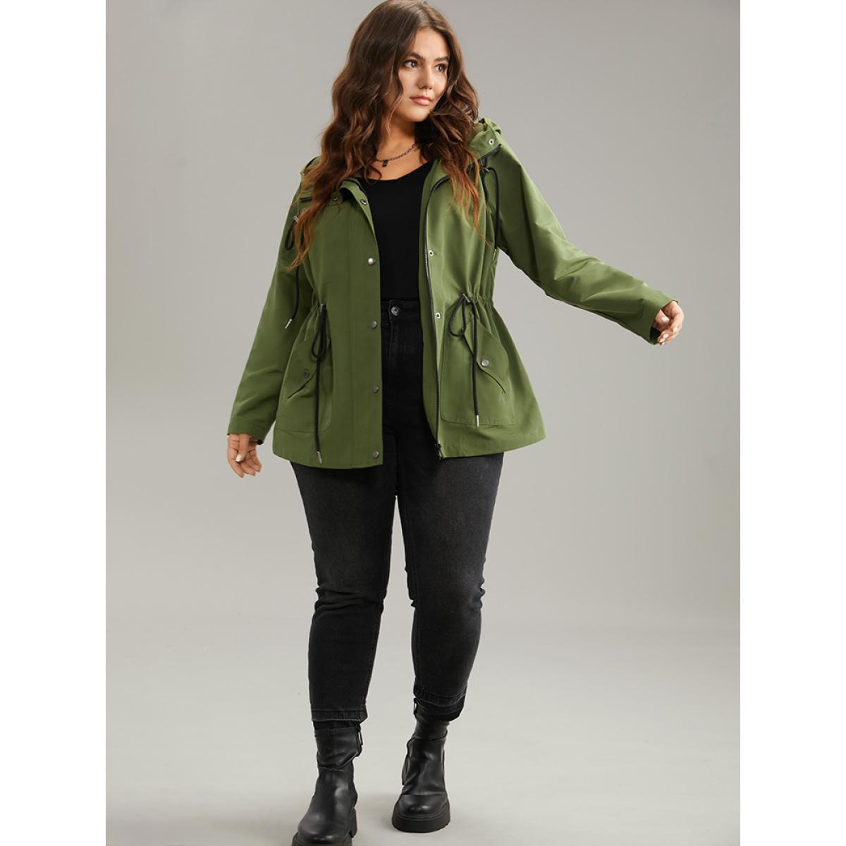 Plus Size Wind-Resistant Hooded Drawstring Waistline Inside Coat Women ArmyGreen Plain Pocket Dailywear Jackets BloomChic 12/L Product Image