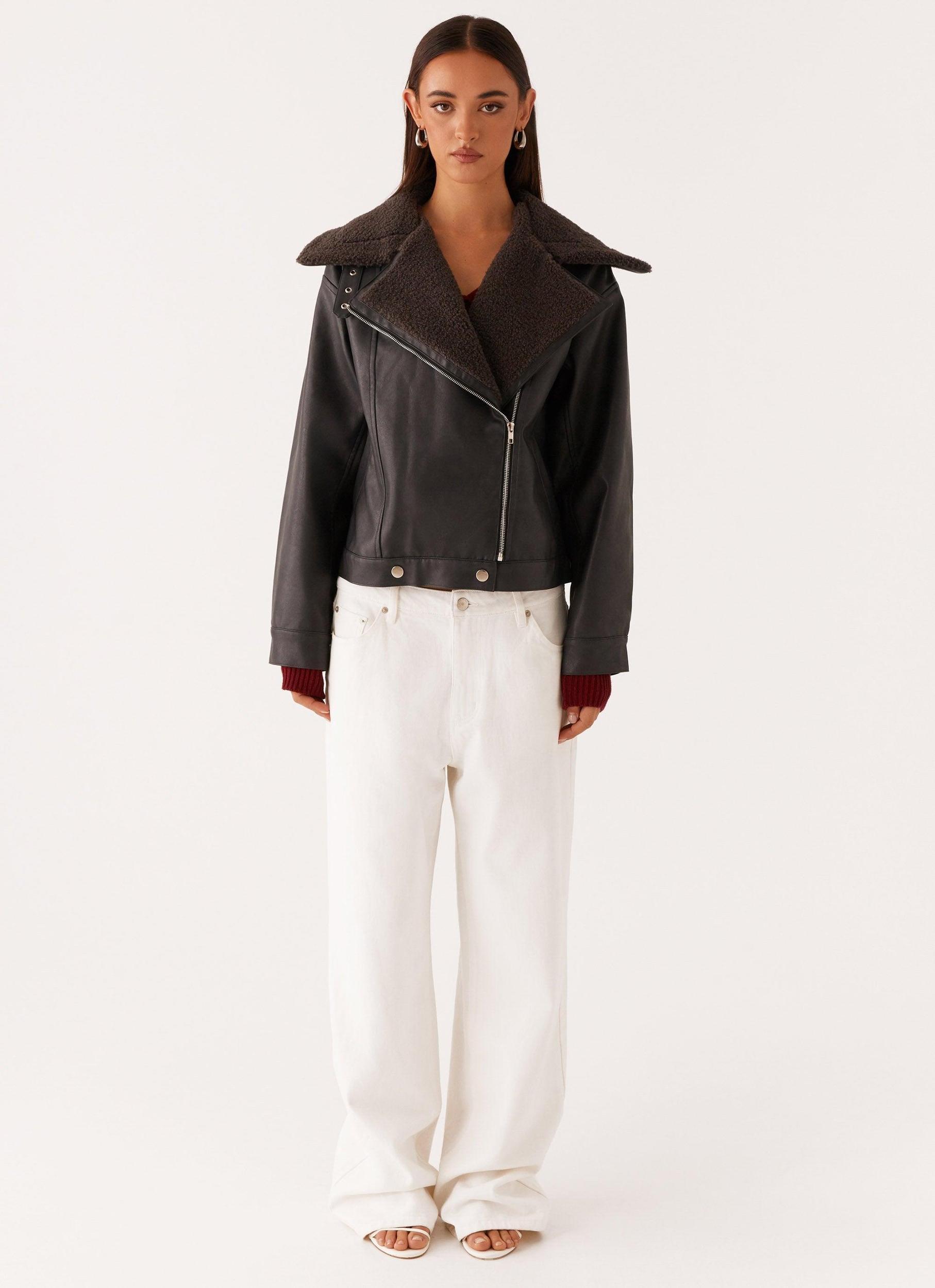 Inka PU Leather Shearling Jacket - Charcoal Girls Product Image