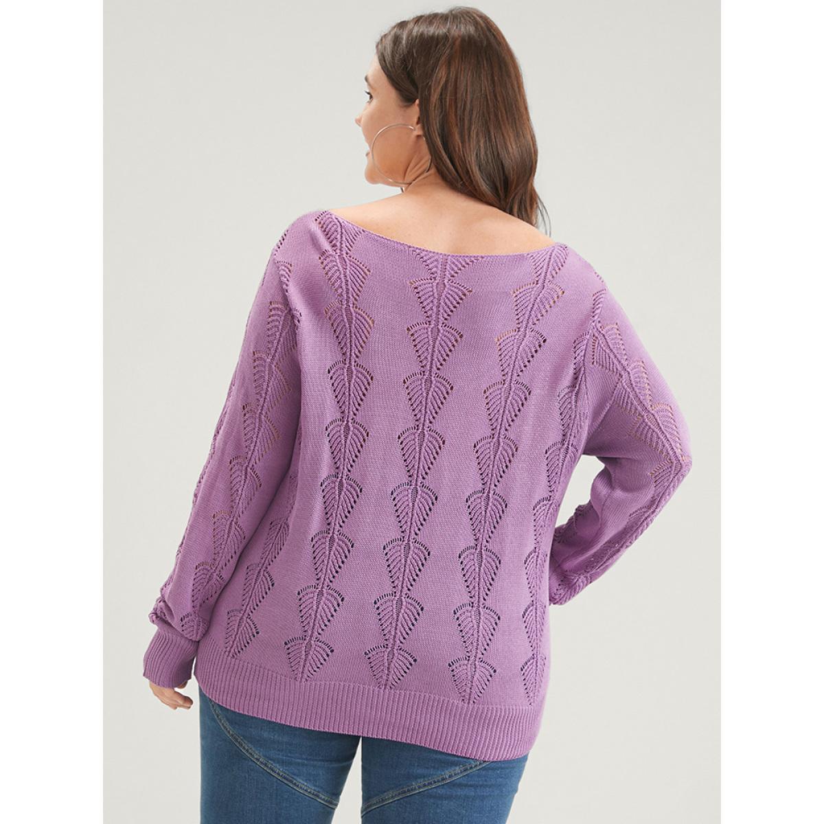 Plus Size Solid Pointelle Knit Deep V Neck Crochet Sweater RedViolet Women Elegant Long Sleeve Deep V-neck Dailywear Pullovers BloomChic 26/4X Product Image