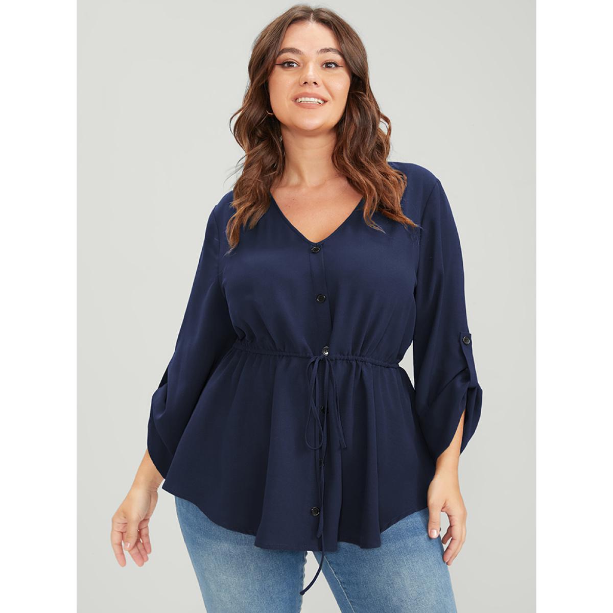 Plus Size Navy Solid Roll Sleeve Button Down Drawstring Blouse Women Office Long Sleeve V-neck Work Blouses BloomChic 14-16/1X Product Image