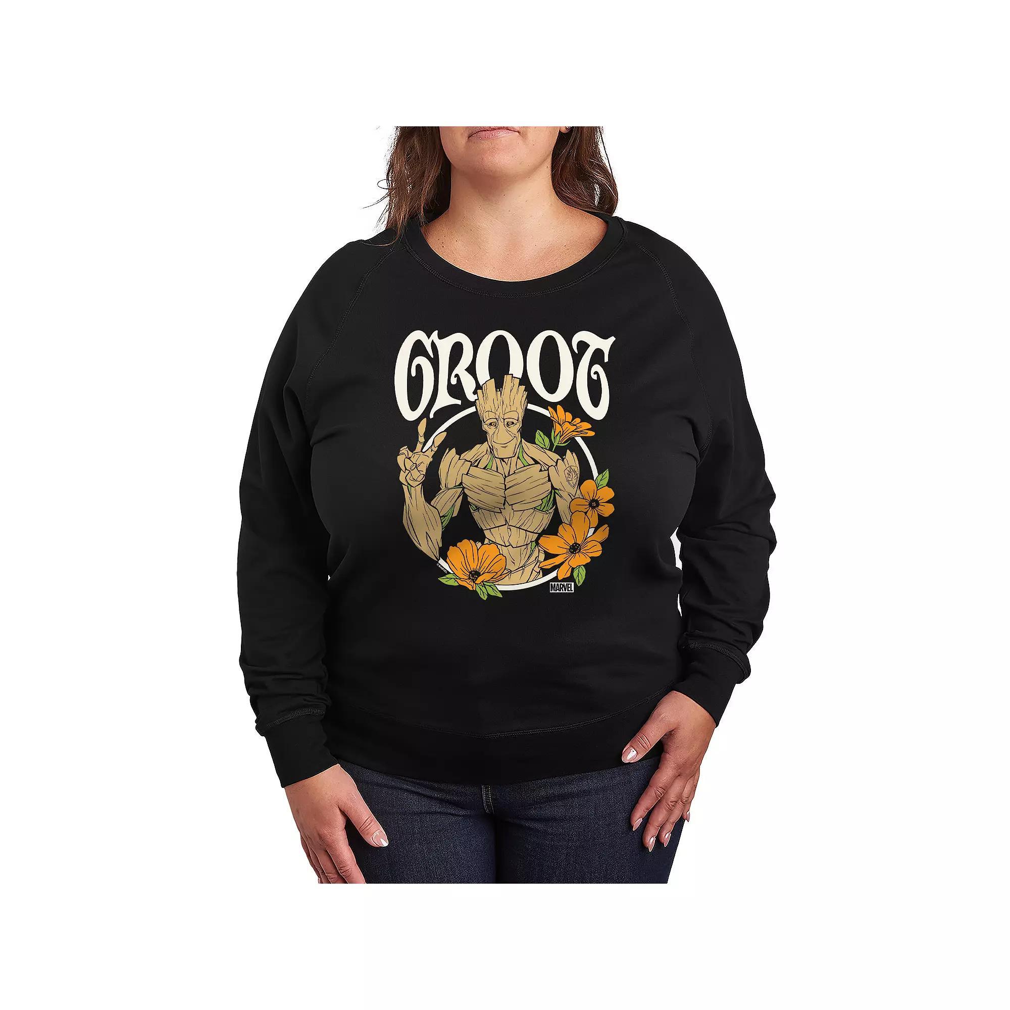 Plus Size Guardians of the Galaxy Groot Peace Flowers French Terry Long Sleeve Tee, Womens Product Image