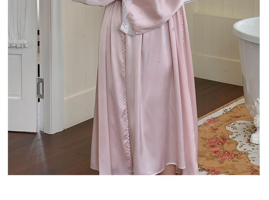 Pajama Set: Plain Lace Trim Robe + Spaghetti Strap Night Dress Product Image