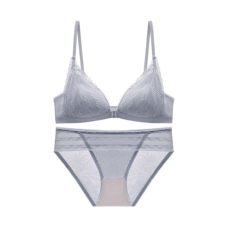 Striped Lace Trim Front-Closure Bra / Plain Bikini Panties / Set Product Image