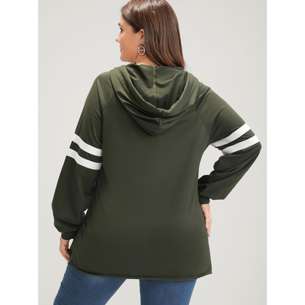 Plus Size Solid Contrast Pocket Drawstring Hooded Sweatshirt Women ArmyGreen Casual Contrast Hooded Dailywear Sweatshirts BloomChic 10/M Product Image