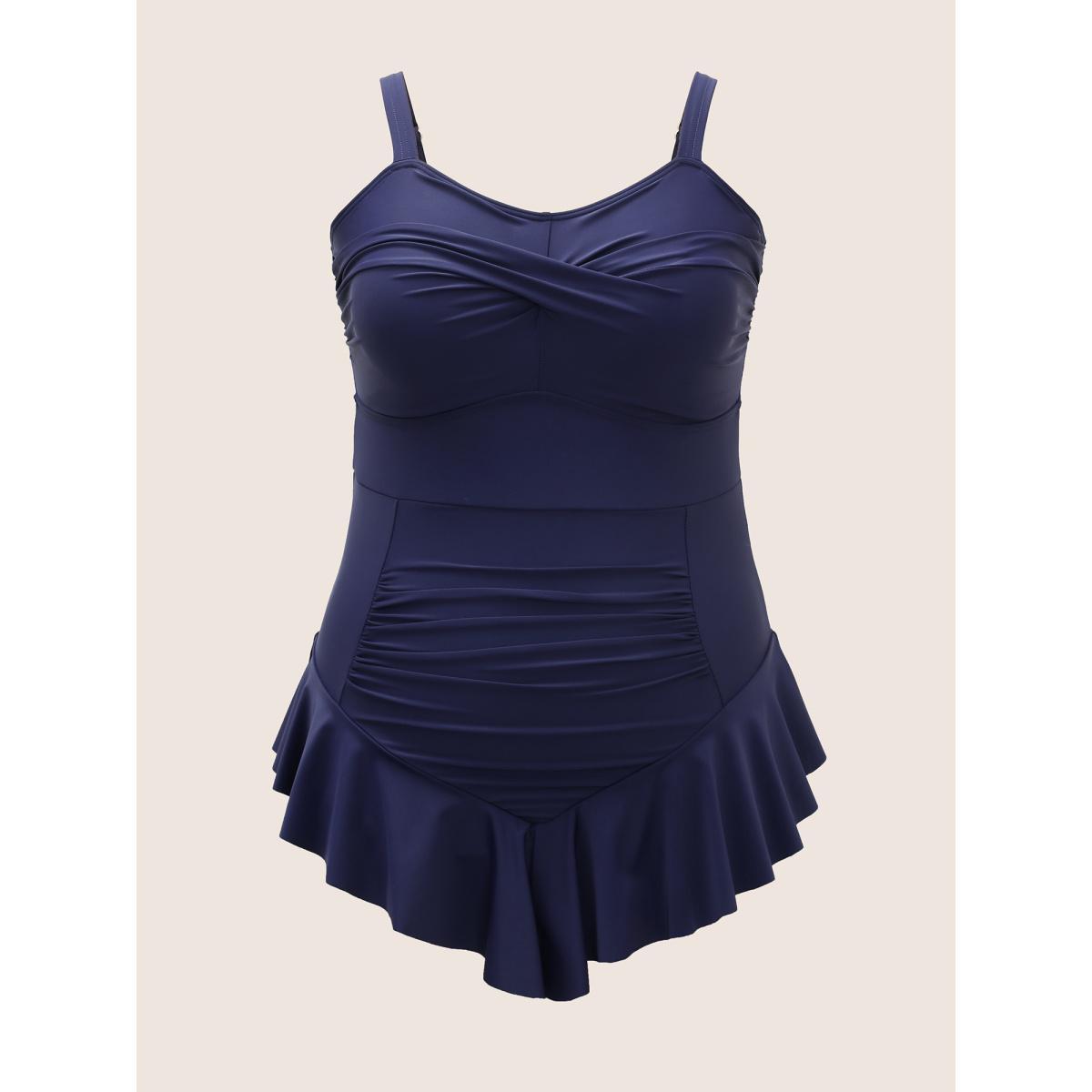 Plus Size Plain Crossover Flutter Trim One Piece Swimsuit Women's Swimwear Indigo Beach Curve Bathing Suits High stretch One Pieces BloomChic 28/5X Product Image