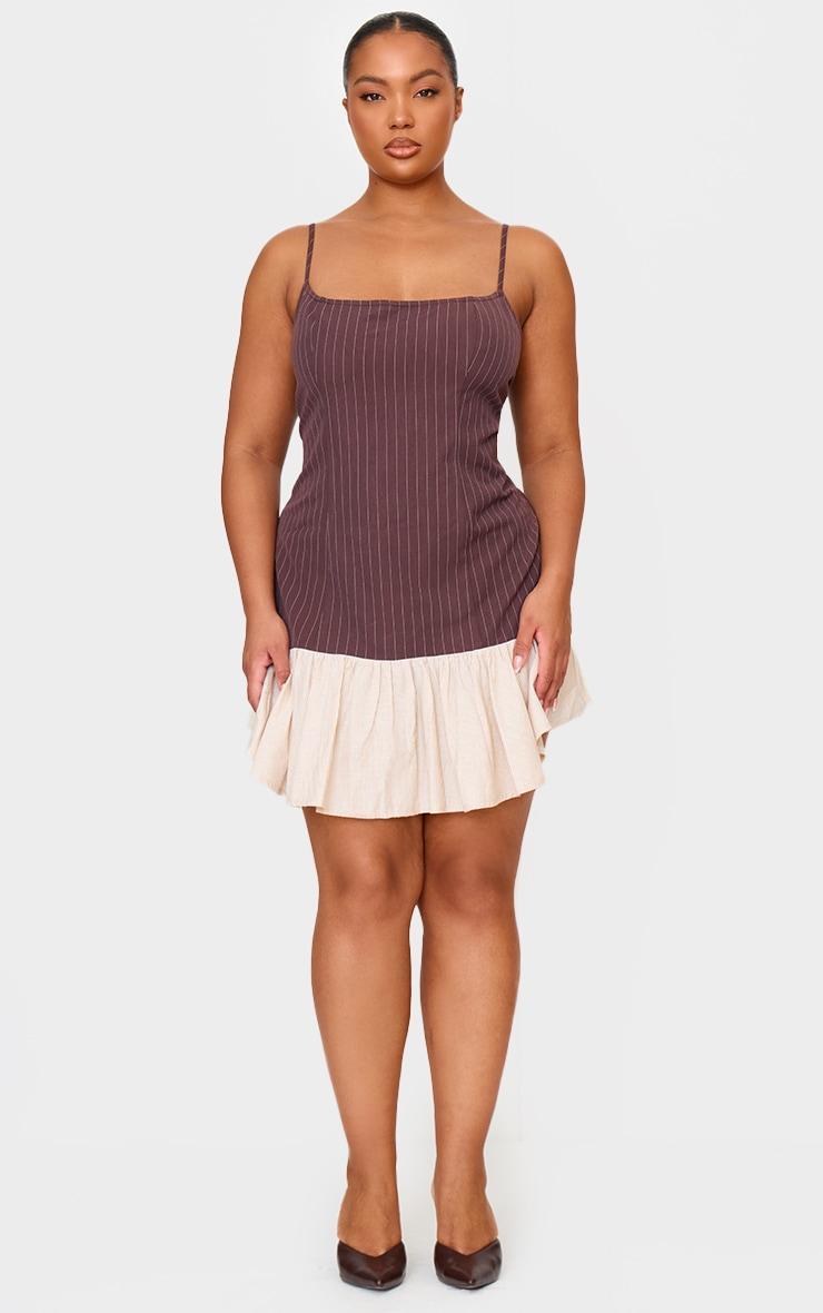 Plus Brown Contrast Pinstripe Frill Hem Shift Dress Product Image