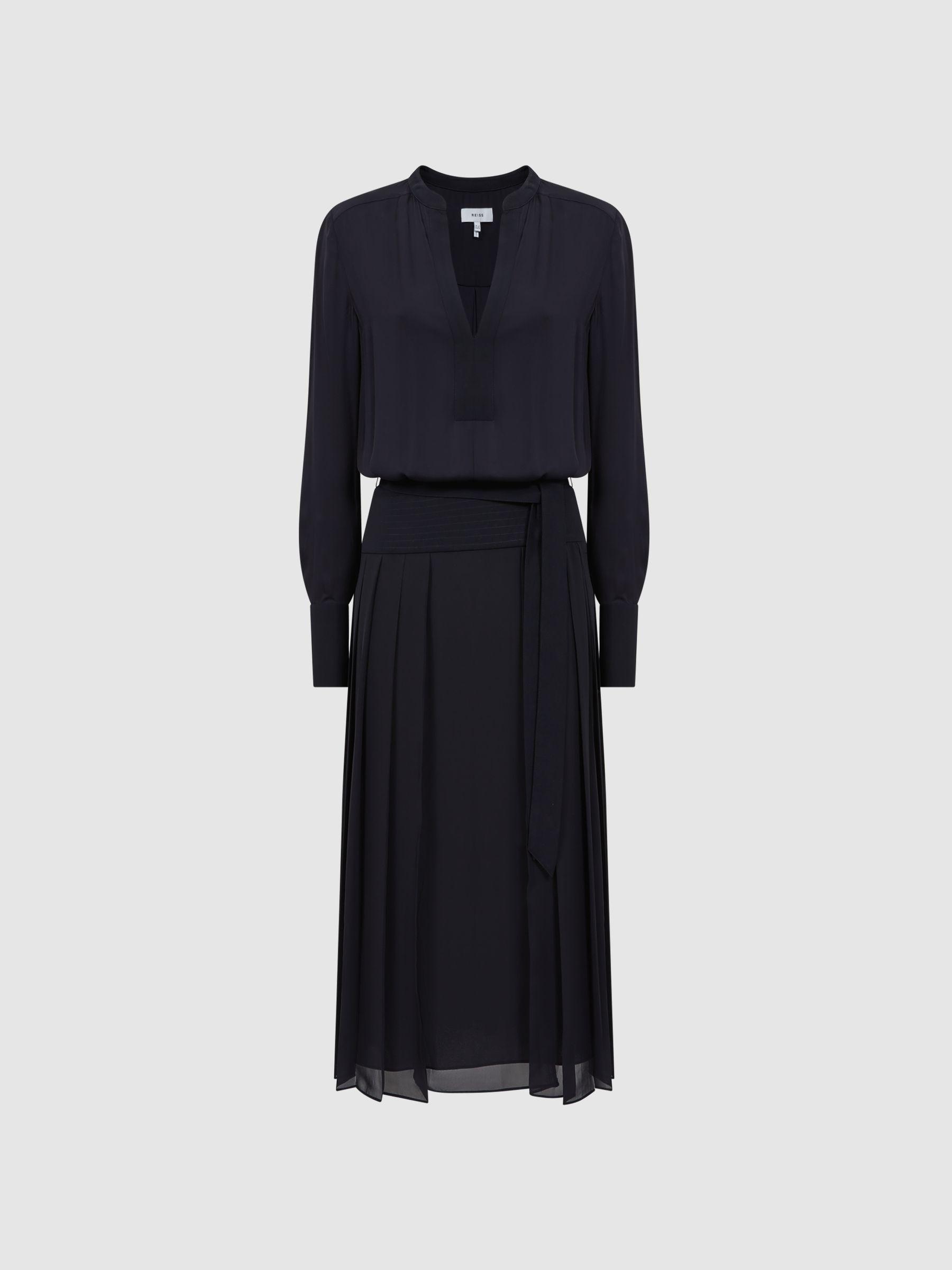 Pleated Long Sleeve Midi Dress in Navy Product Image