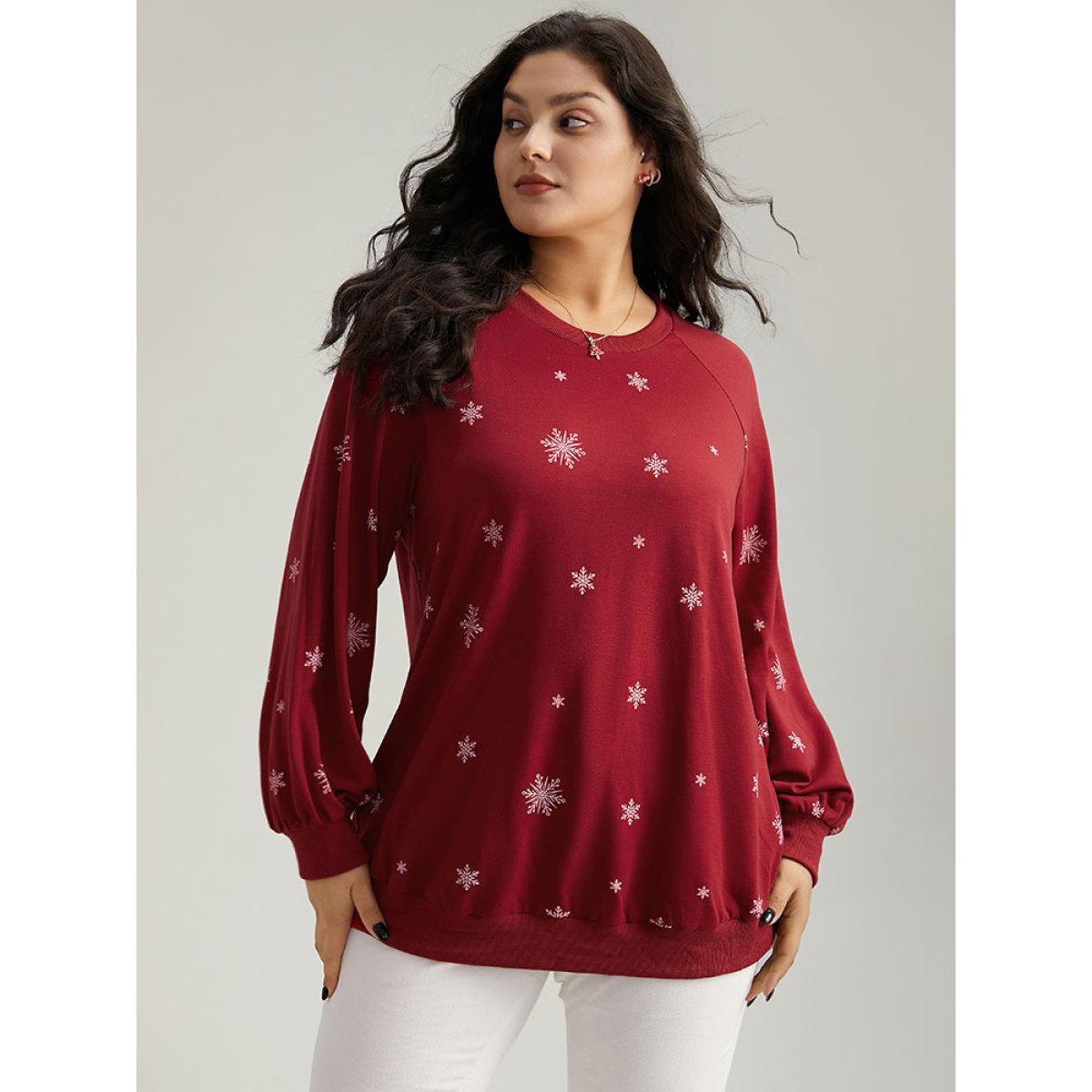 Plus Size Snowflake Print Raglan Sleeve Sweatshirt Women Red Casual Elastic cuffs Round Neck Festival-Christmas Sweatshirts BloomChic 18-20/2X Product Image