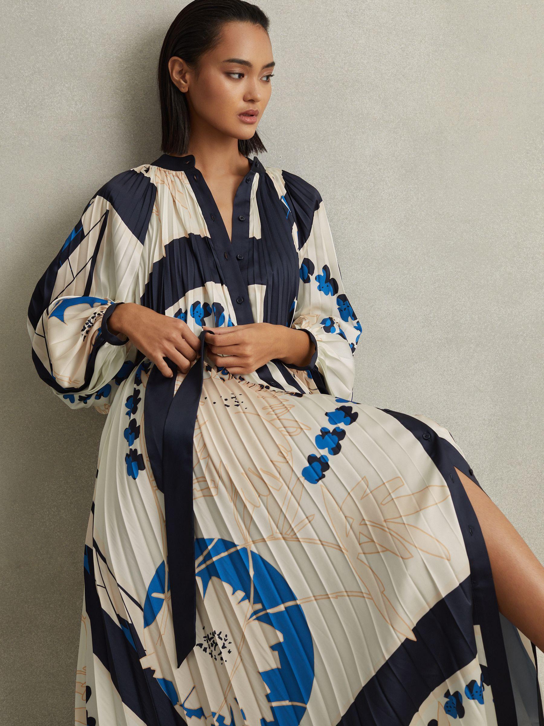 Printed Pleated Maxi Dress in Blue Product Image