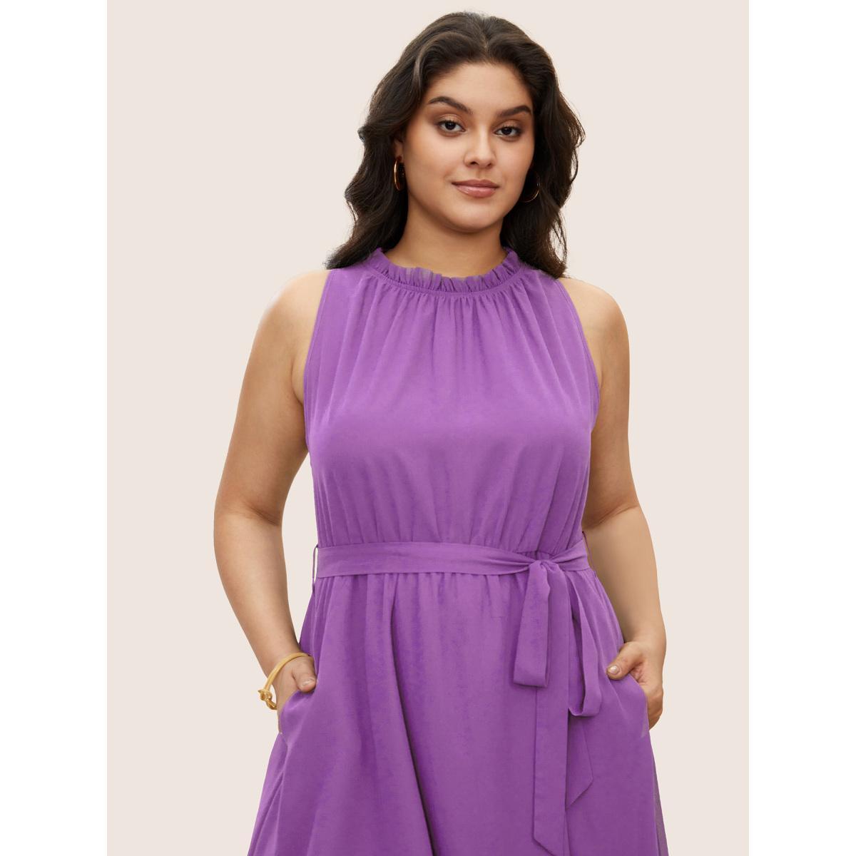 Plus Size Plain Sleeveless Frill Trim Pocket Belted Mock Neck Dress Lilac Women At the Office Pocket Mock Neck Sleeveless Curvy Midi Dress BloomChic 12/L Product Image