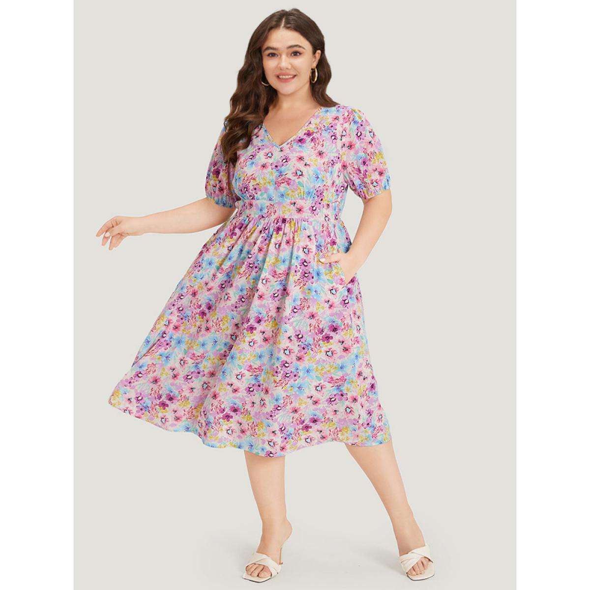 Plus Size Floral Print V Neck Gathered Puff Sleeve Dress Multicolor Women Elegant Elastic cuffs V-neck Short sleeve Curvy Midi Dress BloomChic 10/M Product Image
