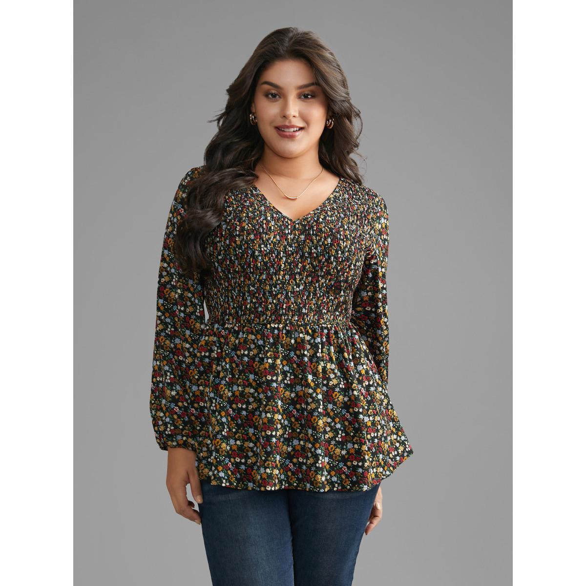 Plus Size Black Ditsy Floral V Neck Shirred Blouse Women Elegant Extra Long Sleeve V-neck Everyday Blouses BloomChic 30/6X Product Image