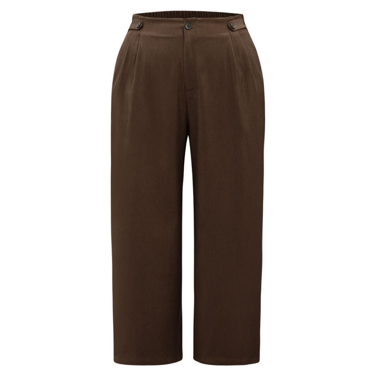 Plus Size Solid Elastic Waist Plicated Detail Straight Leg Pants Women DarkBrown Office Straight Leg High Rise Work Pants BloomChic 12/L Product Image