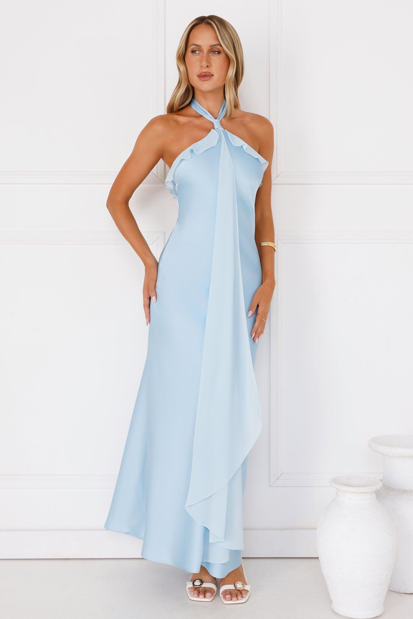 Luxora Lady Halter Satin Maxi Dress Blue Product Image