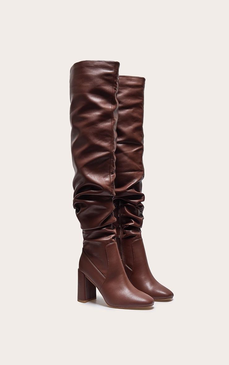 Brown PU Round Toe Ruched Over The Knee Block Heeled Boots Product Image