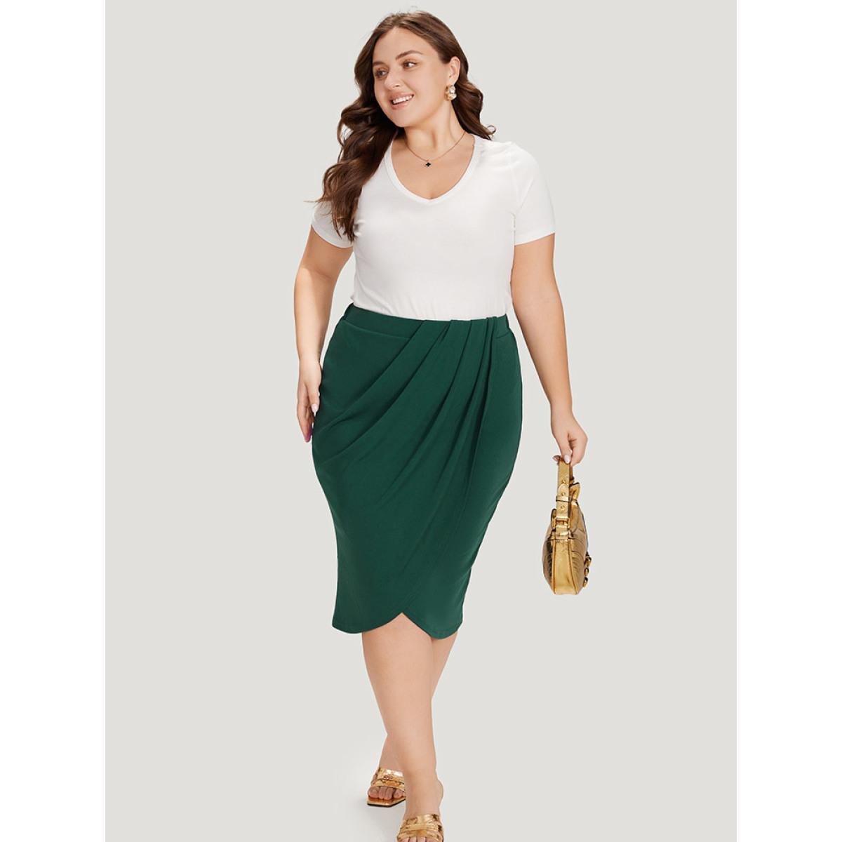 Plus Size Solid Pleated Detail Wrap Hem Skirt Women DarkGreen Office Plain Bodycon No stretch Work Skirts BloomChic 12/L Product Image