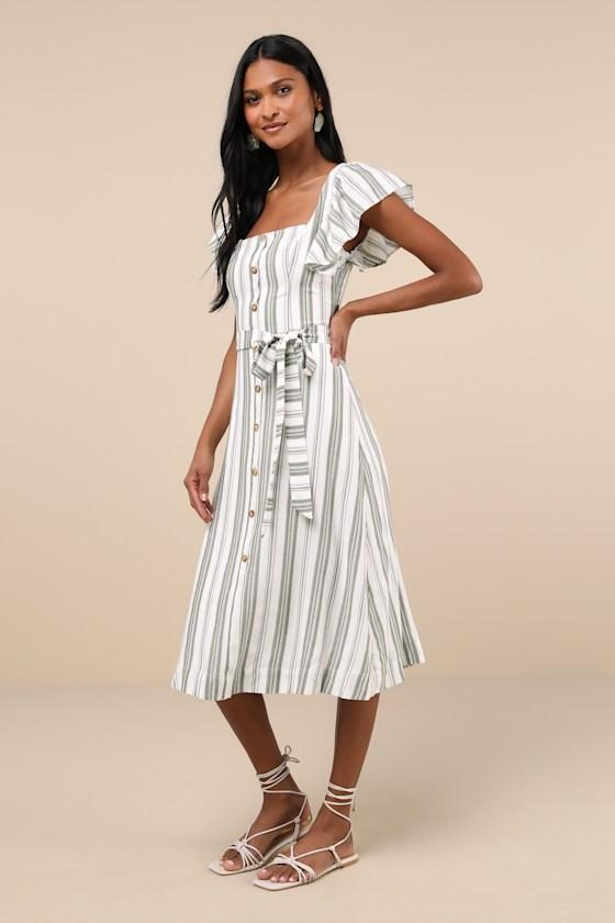 Mediterranean Moves Olive Striped Flutter Sleeve Midi Dress Product Image