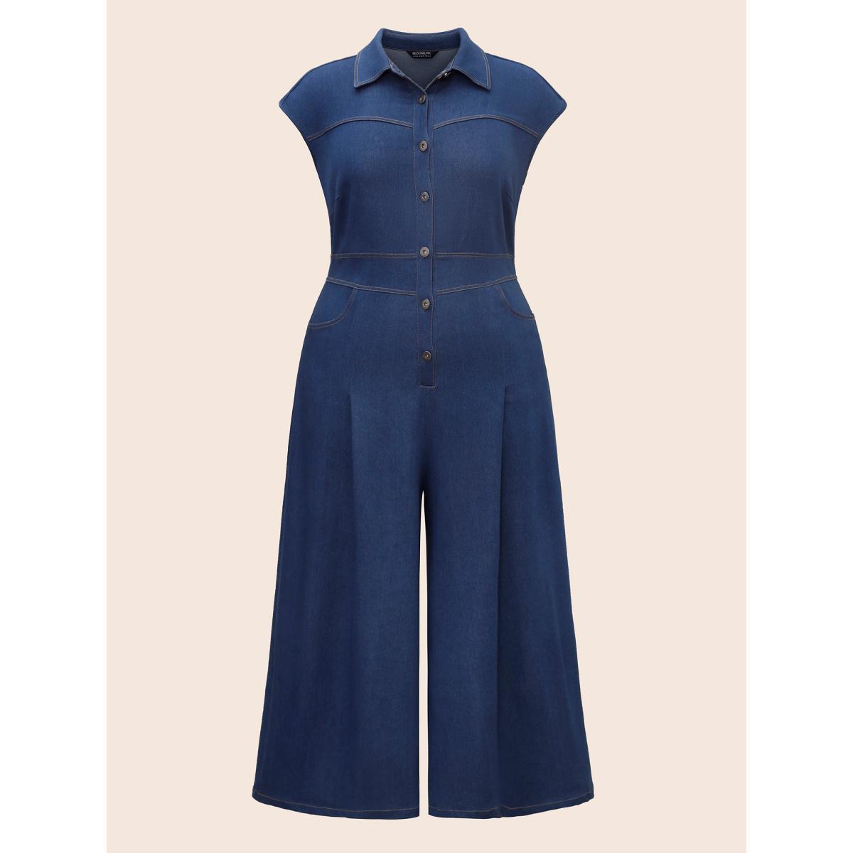 Plus Size Stretch Denim Seamed Flare Jumpsuit Midblue Women Button Medium stretch Vacation Patch pocket Resort Denim Jumpsuits BloomChic 30/6X Product Image