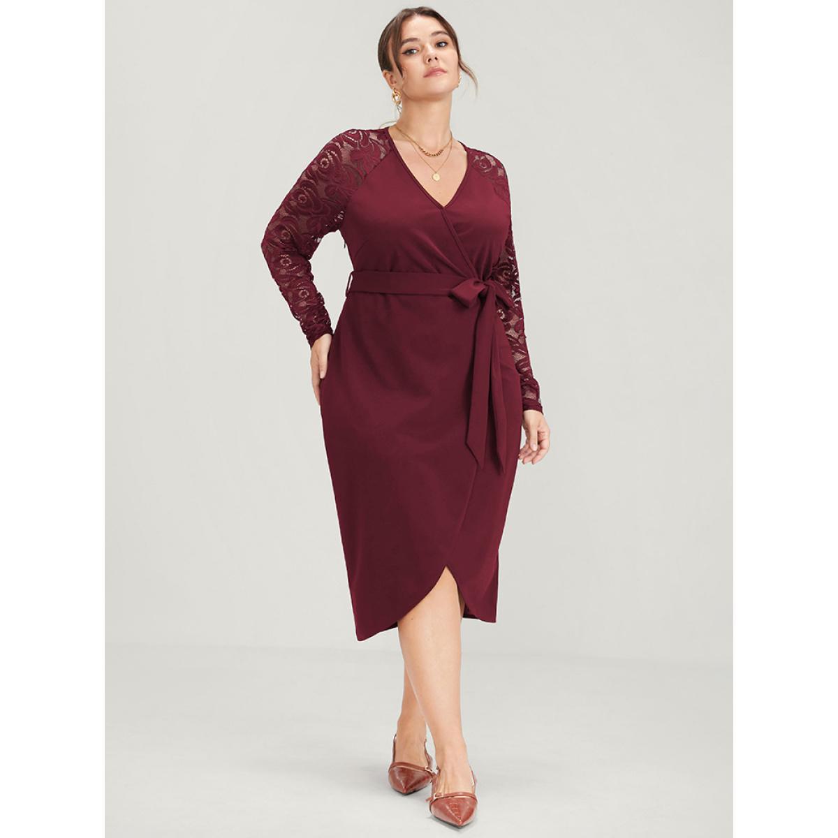 Plus Size Solid Button Eyelet Lace Belted Wrap Knee Dress Burgundy Women Elegant Cross straps V-neck Long Sleeve Curvy Midi Dress BloomChic 10/M Product Image
