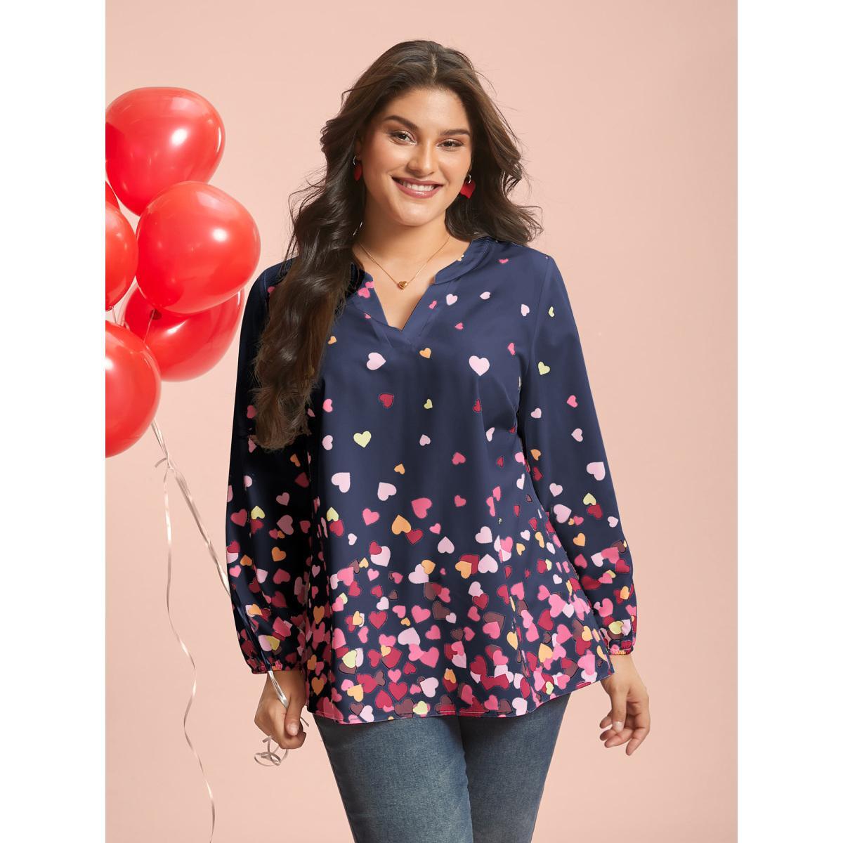 Plus Size Indigo Notched Collar Multi-Color Hearts Blouse Women Elegant Extra Long Sleeve Flat collar with V-notch Everyday Blouses BloomChic 18-20/2X Product Image