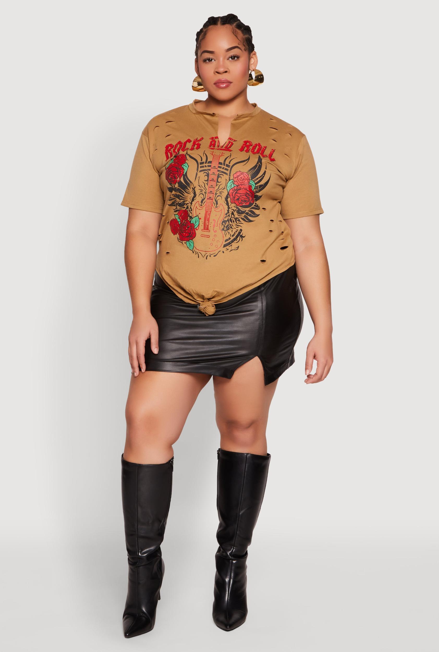 Womens Plus Size Rock And Roll Guitar Rose Graphic Top Product Image