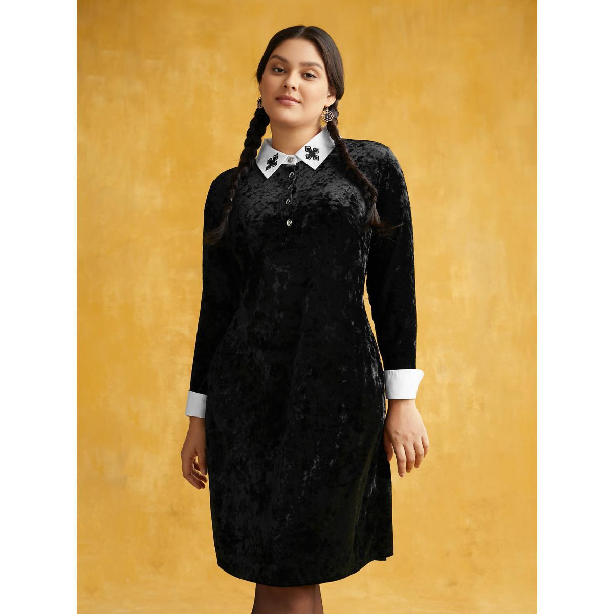 Plus Size Stretch Velvet Collared Midi Dress Black Women Cocktail Texture Party Curvy Bloomchic 14-16/1X Product Image