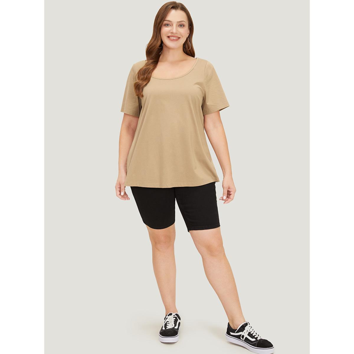 Plus Size UltraCool Solid Scoop Neck Slightly Stretchy T-shirt Tan Women Basics Plain Scoop Neck Dailywear T-shirts BloomChic 30/6X Product Image