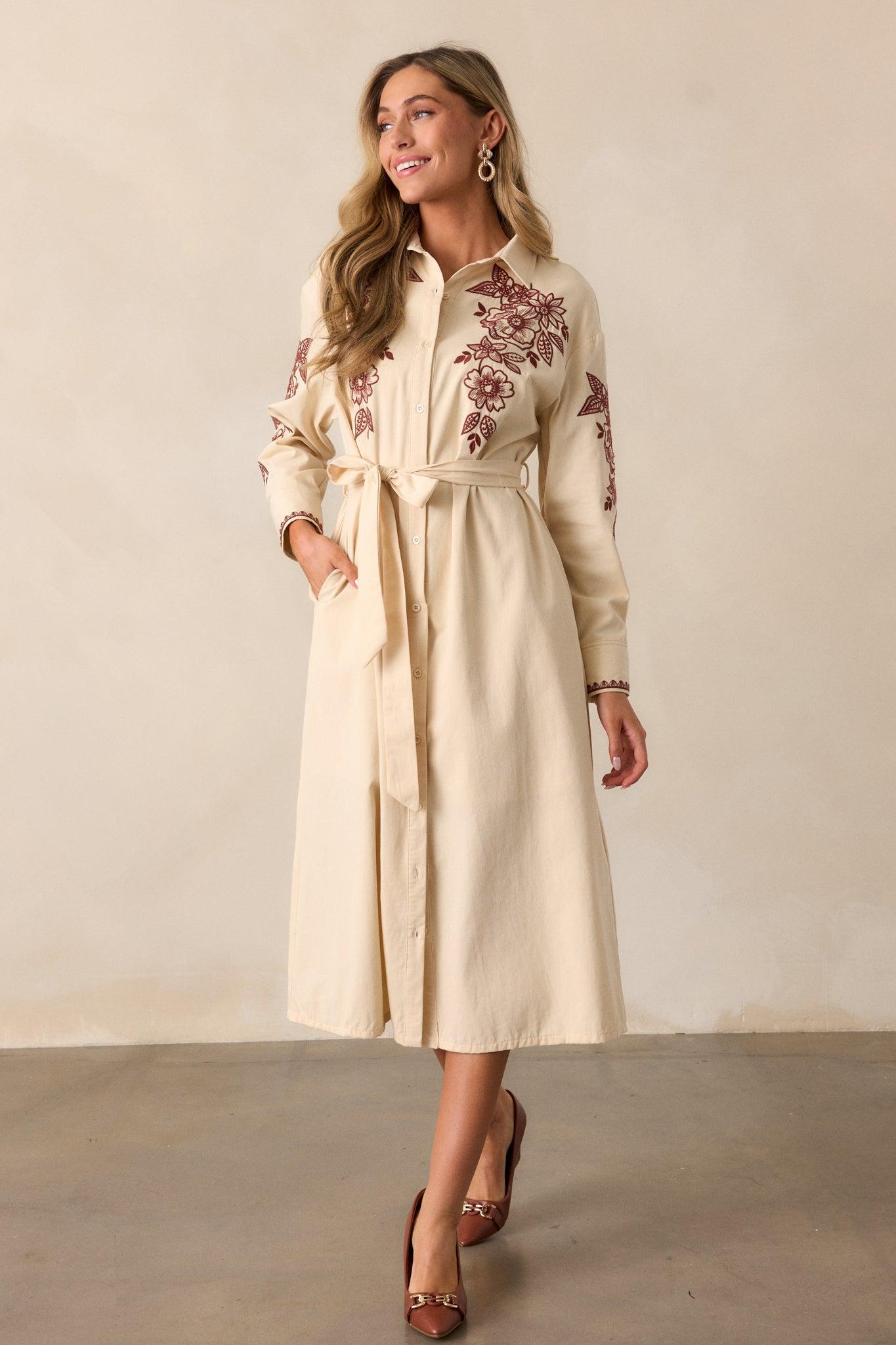 Leaves Of Tomorrow Cotton Oatmeal Long Sleeve Midi Dress Product Image
