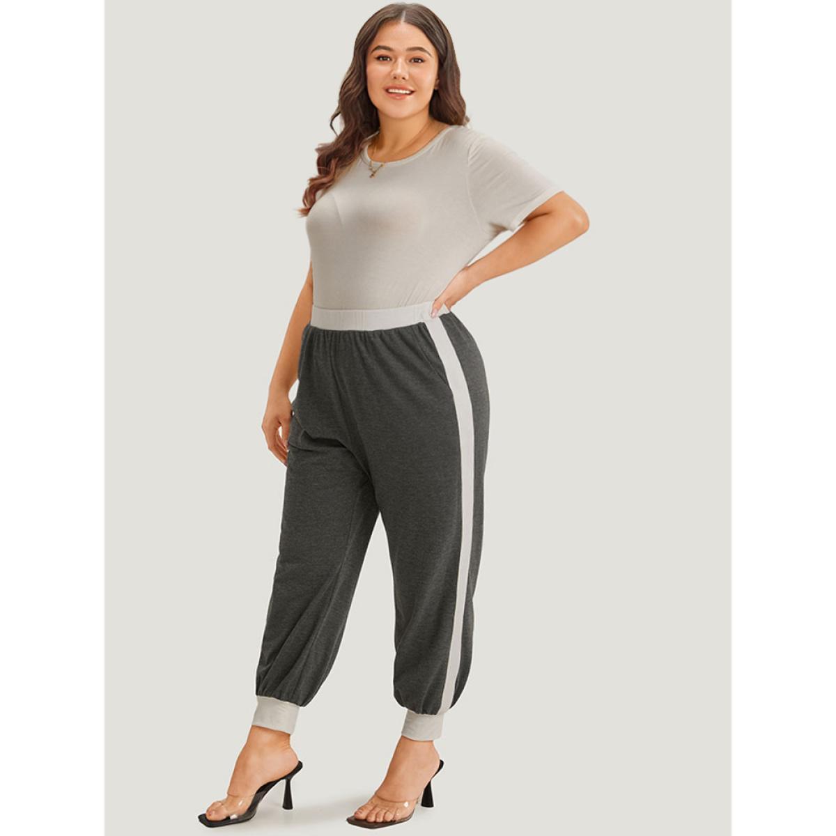 Two Tone Patchwork Pocket Elastic Waist Sweatpants Gray Plus Size Women Elegant Dailywear Contrast 14-16/1X Bloomchic Product Image