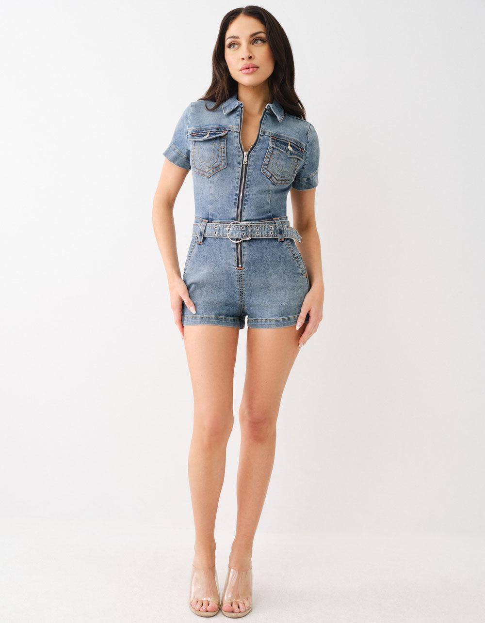 TRUE RELIGION Womens Belted Denim Zip Romper - MEDIUM WASH Product Image