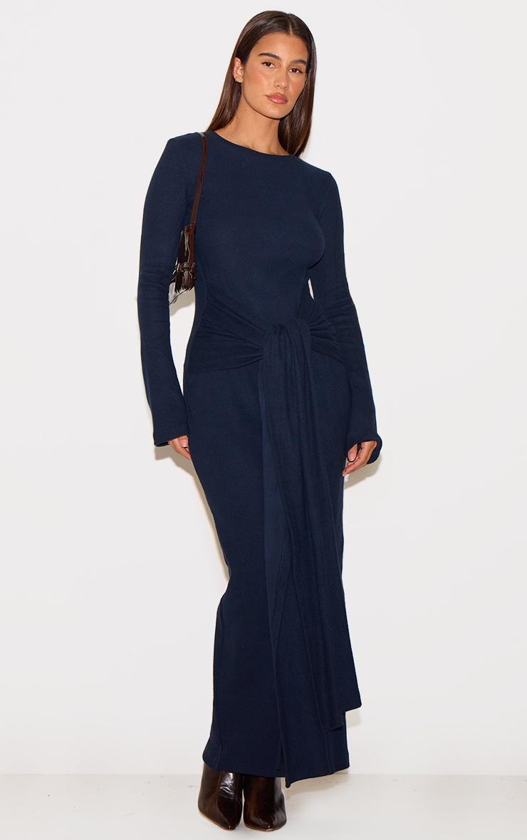  Navy Heavy Brushed Rib Wrap Tie Maxi Dress Product Image