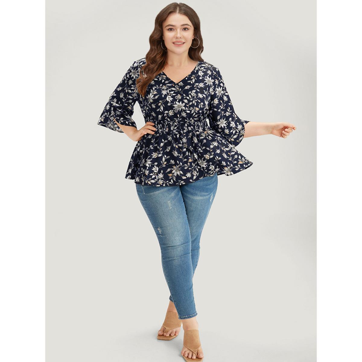 Plus Size Indigo Floral Print Shirred Button Detail V Neck Petal Sleeve Blouse Women Vacation Half Sleeve V-neck Dailywear Blouses BloomChic 30/6X Product Image