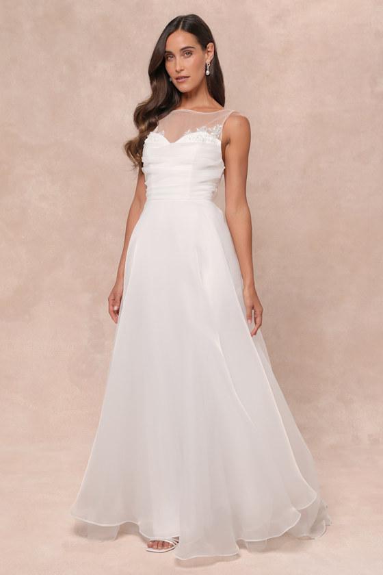 Yours for Eternity White Organza Embroidered Pleated Maxi Dress Product Image