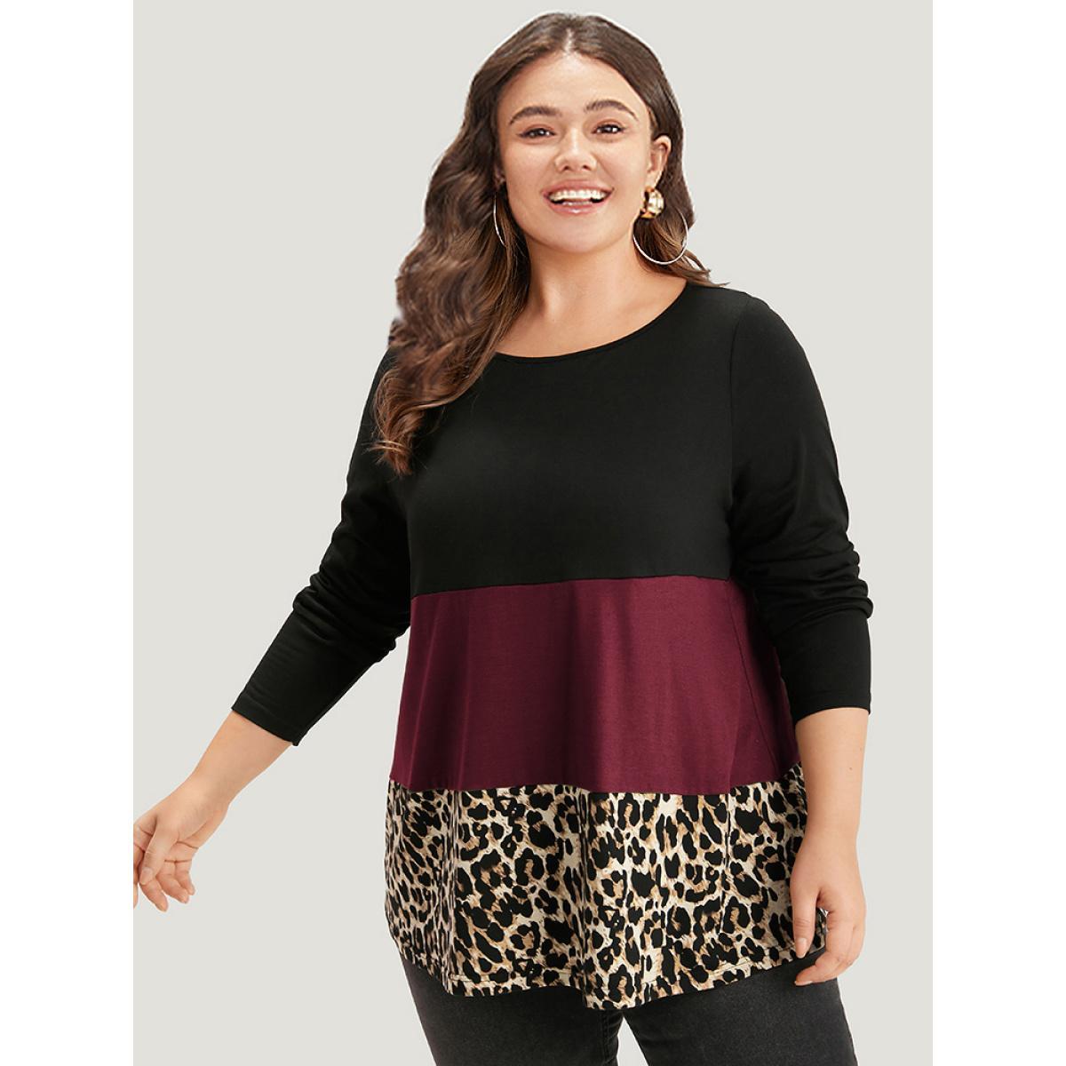 Plus Size Colorblock Leopard Contrast Round Neck T-shirt Red Women Casual Contrast Leopard Round Neck Everyday T-shirts BloomChic 10/M Product Image